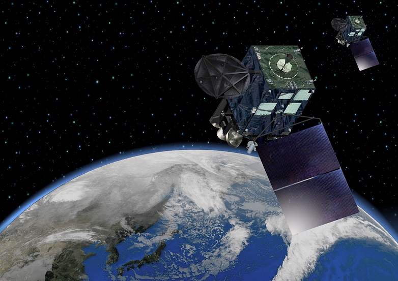地球を背景に宇宙に浮かぶひまわり8号と9号のイメージ図